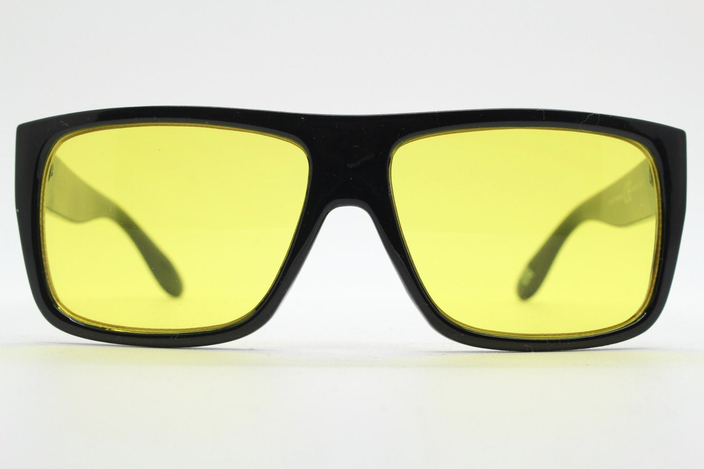 Y2K vintage square modified aviator sunglasses. Classic 70s style aviators in black gloss frame with bright yellow lenses. Unused NOS