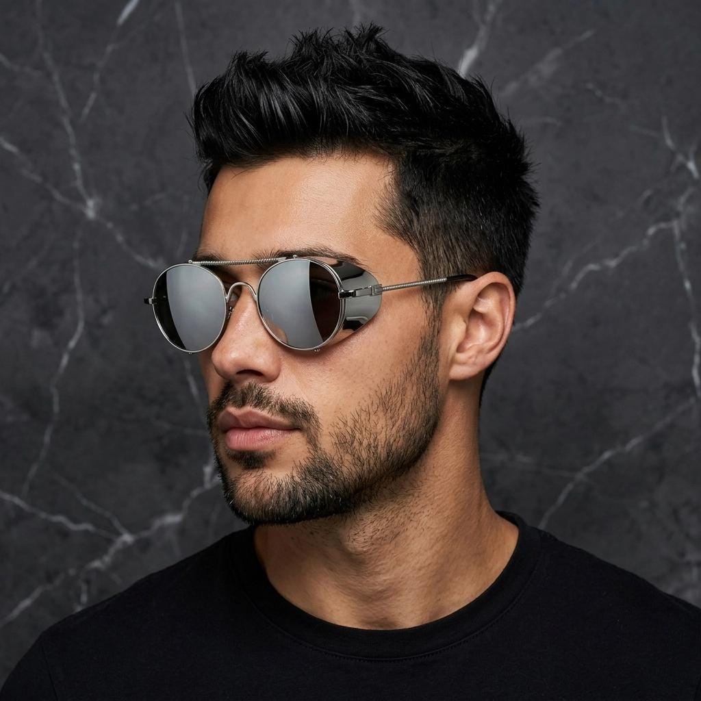 90s vintage round goggle sunglasses. All metal silver chrome frame with folding side blinkers. Spoilers. Steampunk. Cosplay. NOS