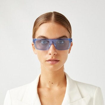 Kaleos rectangular flat top sunglasses. Bright sky blue acetate chunky frame with same colour lenses. BNWOT