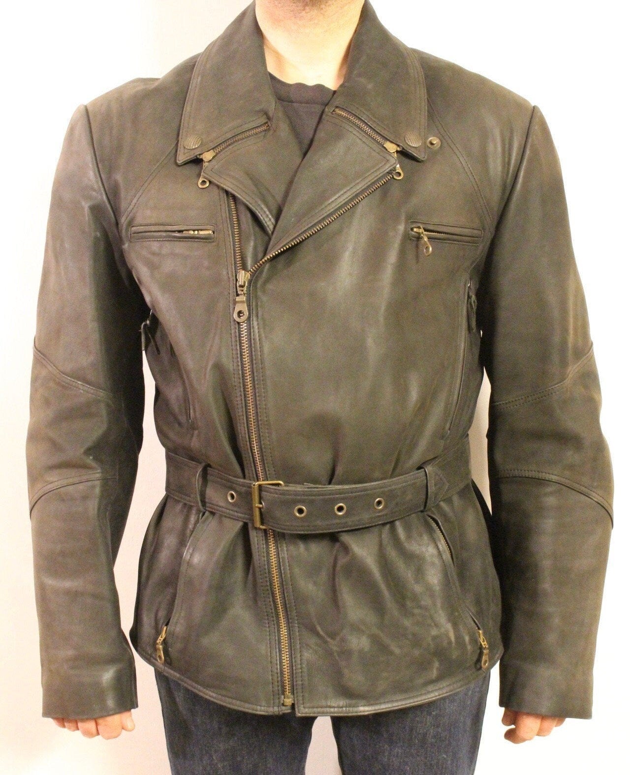 Vintage 80s motorcycle jacket. Gunmetal grey real leather biker. 40s design with back padding and vents. BNWOT