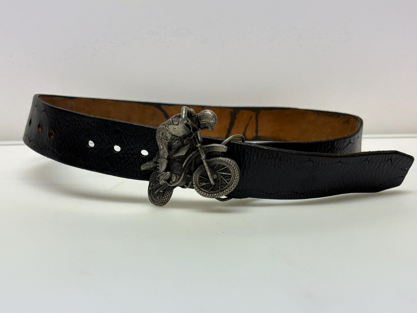 70s vintage Bergamot brass works 3D motorbike rider buckle on black genuine leather textured and embossed changeable belt. Moto X scrambler