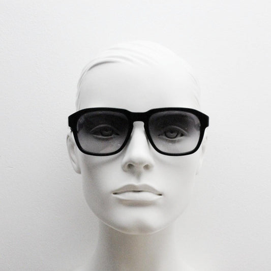Jack Spade plain black rectangular sunglasses. Solid acetate frame with grey graduating lenses. Mens vintage 60s mod design. Keyhole bridge