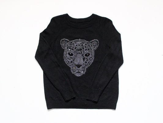 Vintage Y2K crew neck knit pullover with big beaded leopard head. Womens 2000s round neck long sleeve jumper