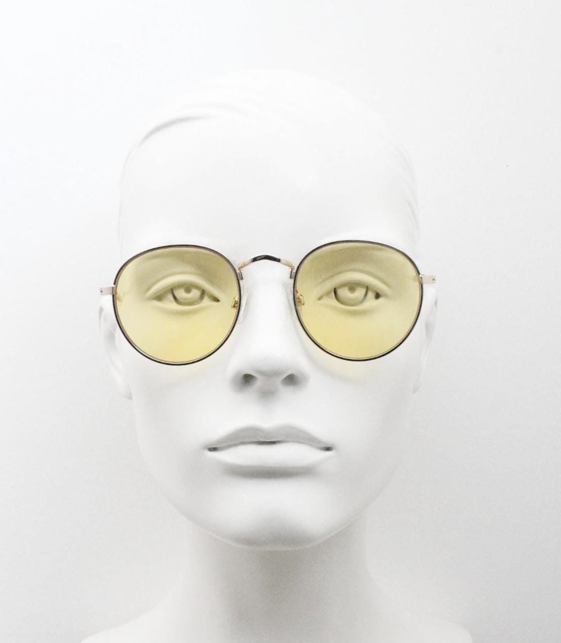 90s vintage round metal sunglasses, Classical 1930s design gold frame with blazing canary yellow lenses. Unused. NOS. Panto