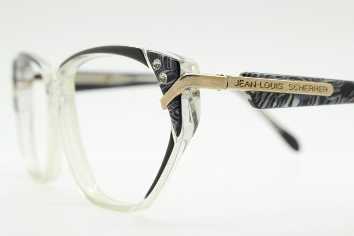 Jean Louis Scherrer 80s vintage cat eye glasses made in France. marbled grey / clear acetate optical frame. Diamante RX prescription cateye