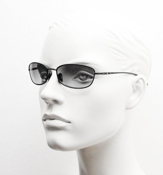 90s vintage curved rectangular sunglasses. Solid metal low profile black matt finish frame with slightly graduating lenses. 2000's. Y2K. NOS