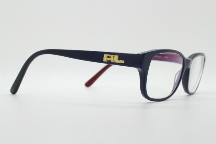 Ralph Lauren rectangular eye glasses model 6119. Navy blue acetate optical frame with red interior. Prescription eyeglasses. RX spectacles