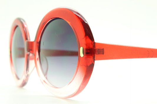 Y2k vintage oversized round sunglasses. Women's big 60s mod design transparent red to clear ombre frame with smoky black lenses. Unused BNWT