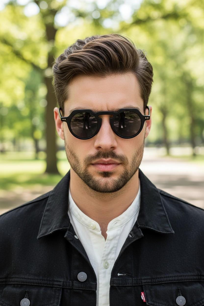 90s Vintage round flat top sunglasses. 30s, 40s design in black gloss frame with plain dark lenses. Unused NOS