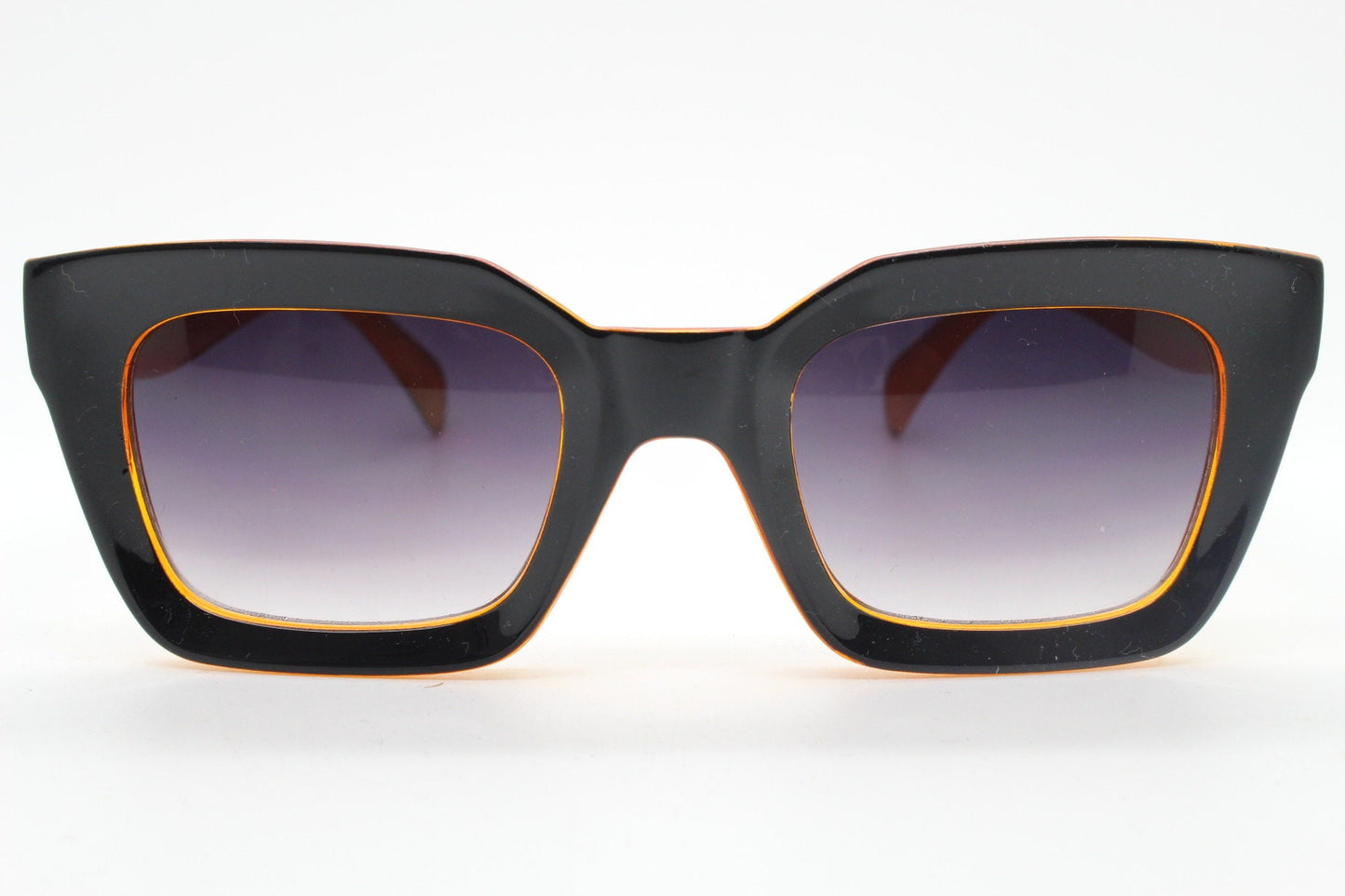 Y2K vintage rectangular cat eye sunglasses. Women's thick black and orange 60s style frame with graduating smoky lenses. 2000s BNWT