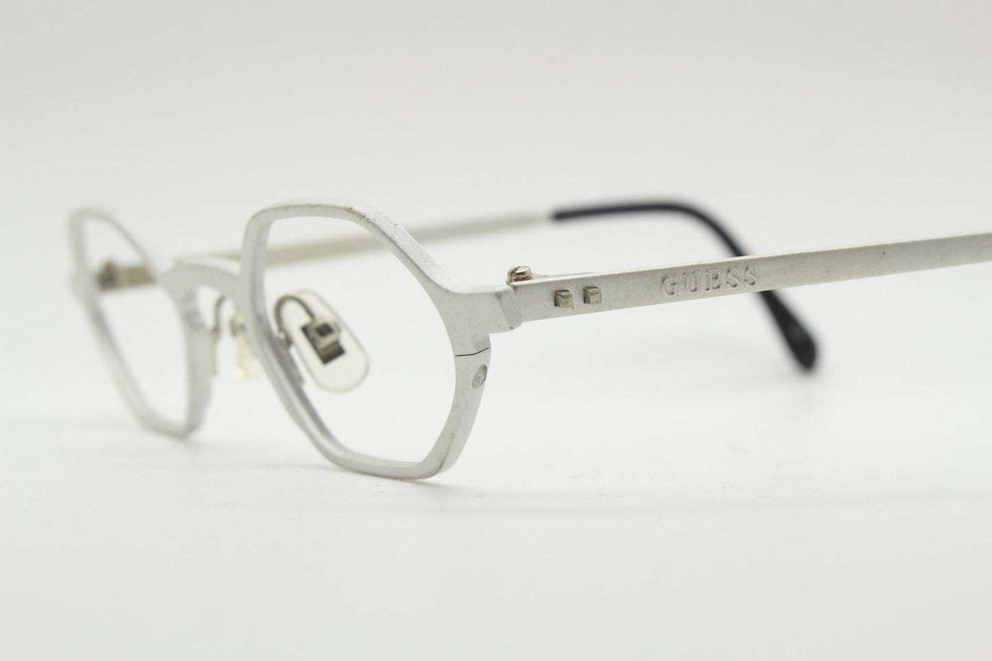 Guess 90s vintage hexagon eye glasses. Minimal matt silver micro style optical frames. Uber tech fashion. Prescription RX. Steampunk