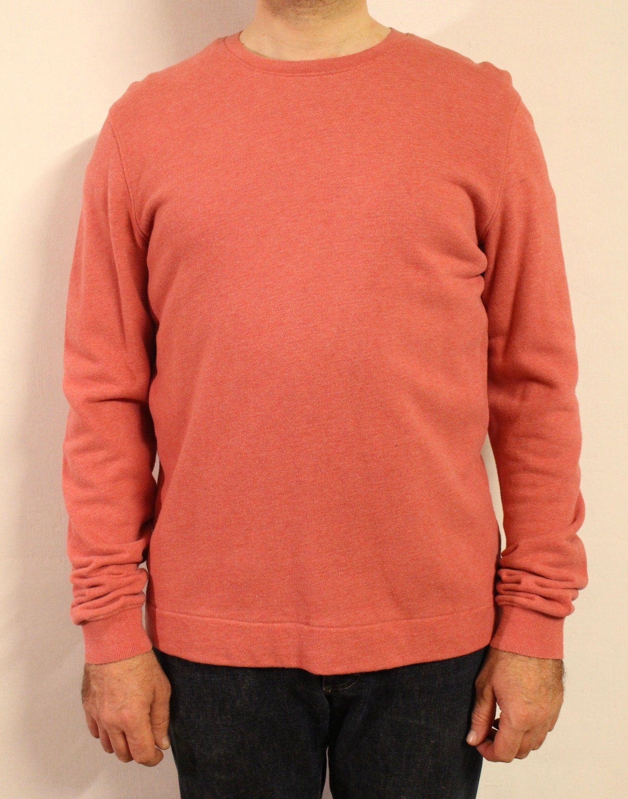 Folk mens classic square bottom sweatshirt. Minimal pink plain crew neck pullover. Round neck jumper. Vintage. Clearance - rrp 120 sterling