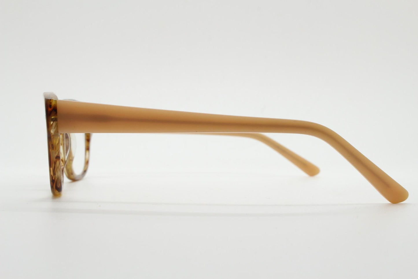Thick frame rectangular eye glasses. Superior quality transparent brown gloss acetate optical frames with beige arms.  Prescription vintage