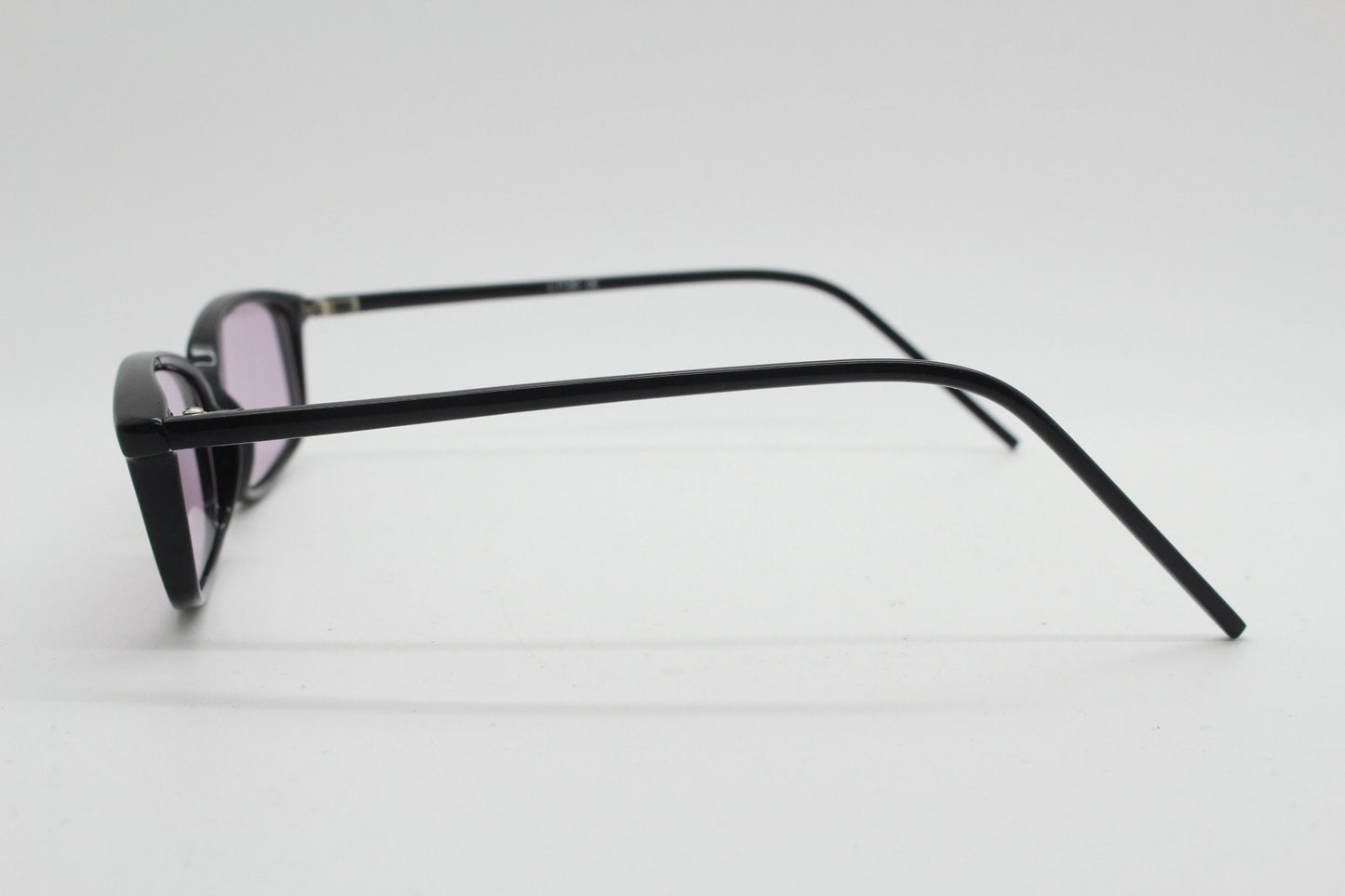 90s vintage rectangular sunglasses. Slim low profile black gloss frame with extra light tone lilac purple lenses. Y2K 2000s. BNWT Unused NOS
