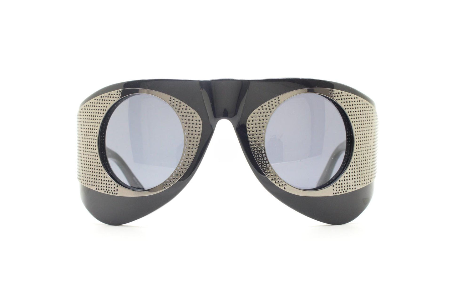 Todd Lynn goggle sunglasses made in Japan by Linda Farrow. Powerfully dramatic collectors design in black. Gallery Projects. Vintage. NOS