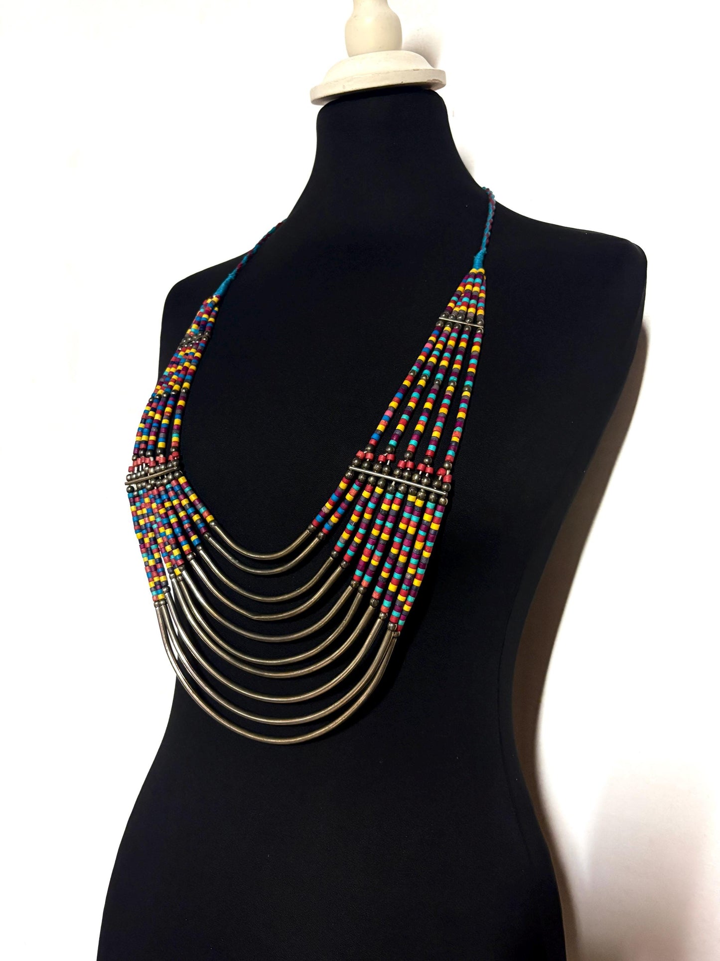 Y2K vintage massive statement Masai style beaded chain necklace. Multi coloured beads with concentric semi circle metal crescents. NOS