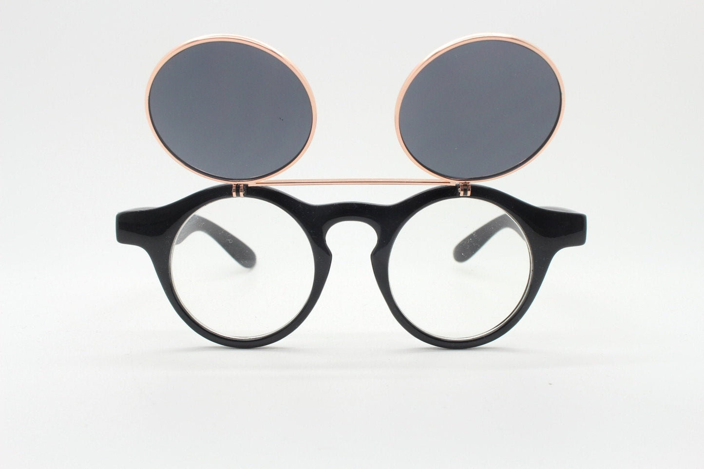 Vintage 90s round flipper sunglasses. 30s style black frame with clear lenses and flip up sunglasses visor. BNWT unused