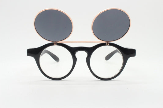 Vintage 90s round flipper sunglasses. 30s style black frame with clear lenses and flip up sunglasses visor. BNWT unused