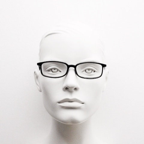 90s vintage modified wayfarer design eye glasses. Black low profile slim optical frames. Prescription eyeglasses. RX Spectacles. NOS