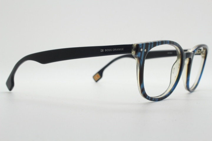 Boss Orange vintage wayfarer shape eye glasses. Black and navy striped optical frames with keyhole bridge. Prescription eyeglasses. RX  Hugo