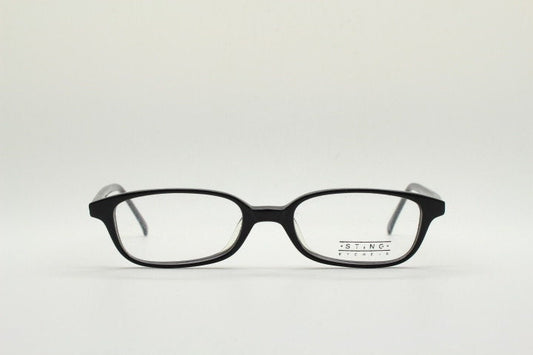 Sting 90s vintage rectangular eye glasses made in Italy. Plain black gloss low profile acetate optical frames. Prescription RX. NOS