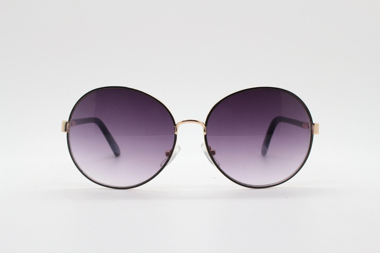 2000s vintage round metal sunglasses, Tasteful enamelled black on gold combo with gradient lenses. Unused BNWT panto. Y2K NOS