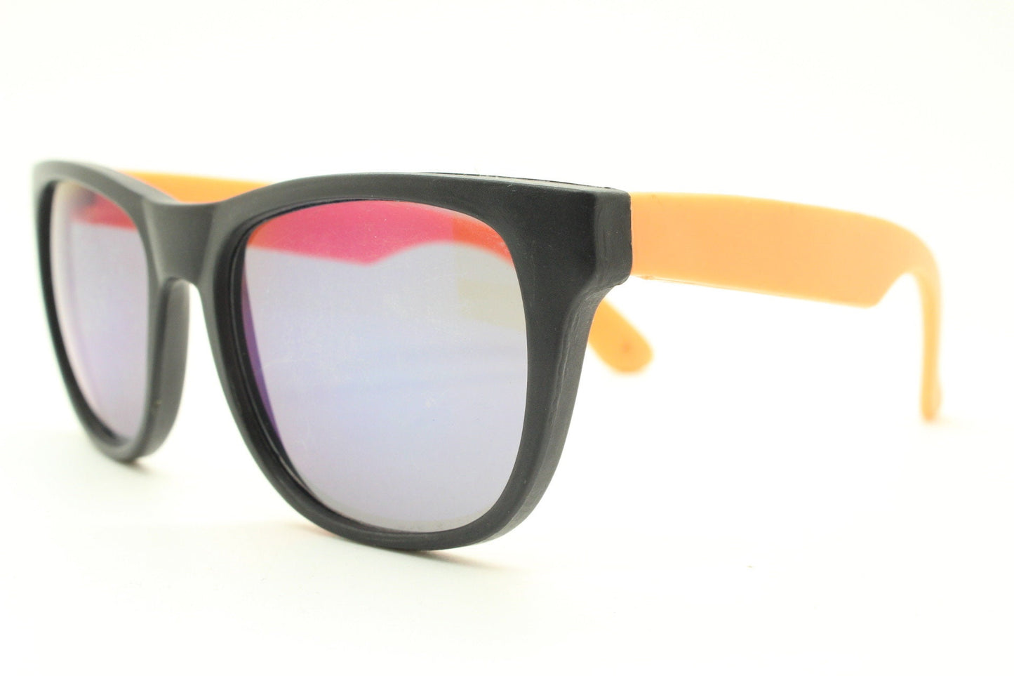 80s vintage 2 tone wayfarer style sunglasses. Matt black flexible rubber frame with orange dayglo arms. Unused NOS. Y2K fluorescent rave