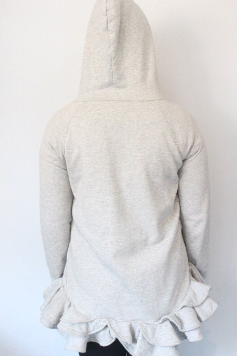 Valentino for Gap vintage Y2K pullover hoody. Grey cotton sweat top with cascading frilled edge and tail. 2000s designer collab