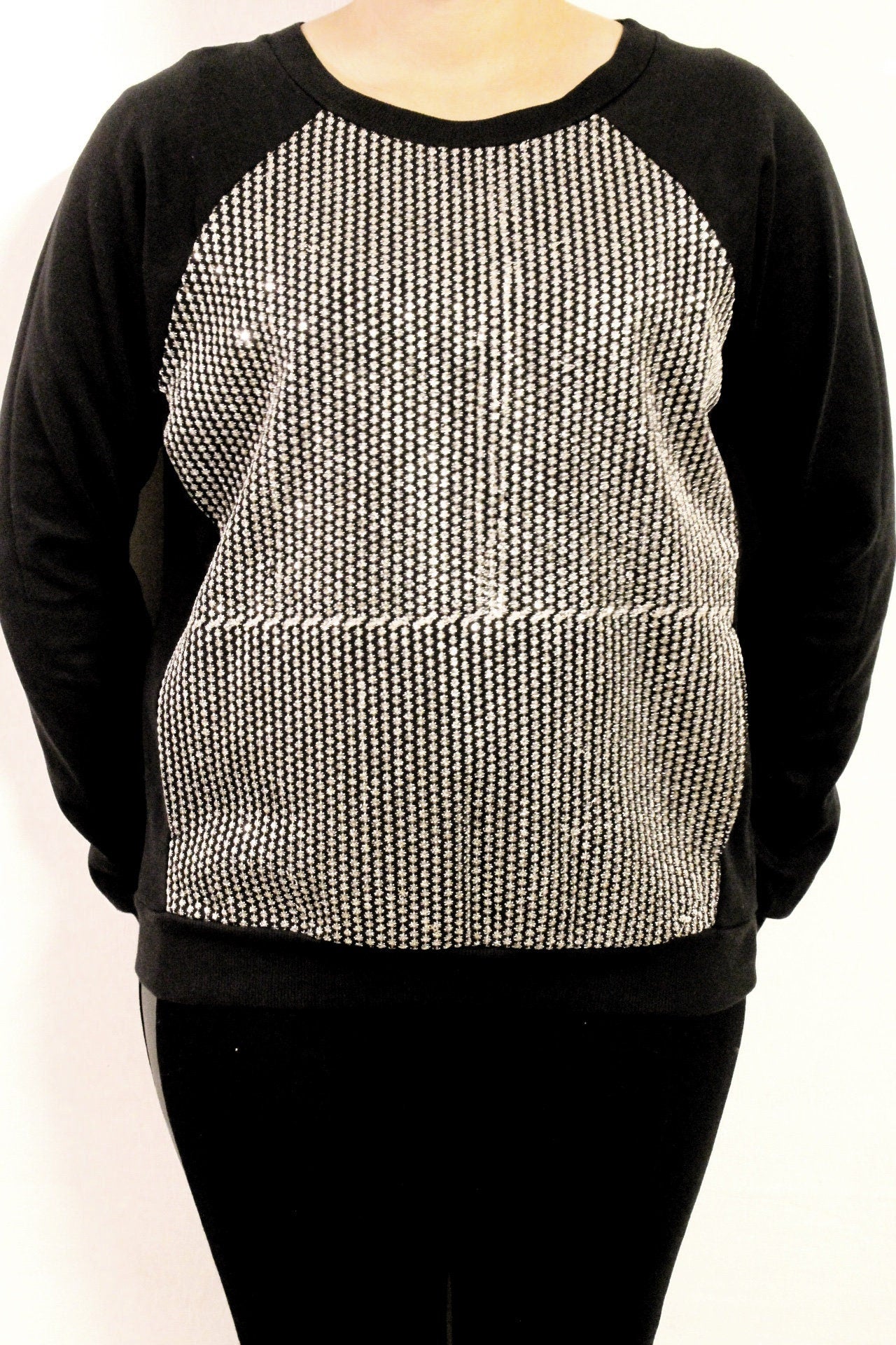 Vintage Y2K black sweatshirt with full silver sequin front . Womens crew neck pullover. Round neck jumper