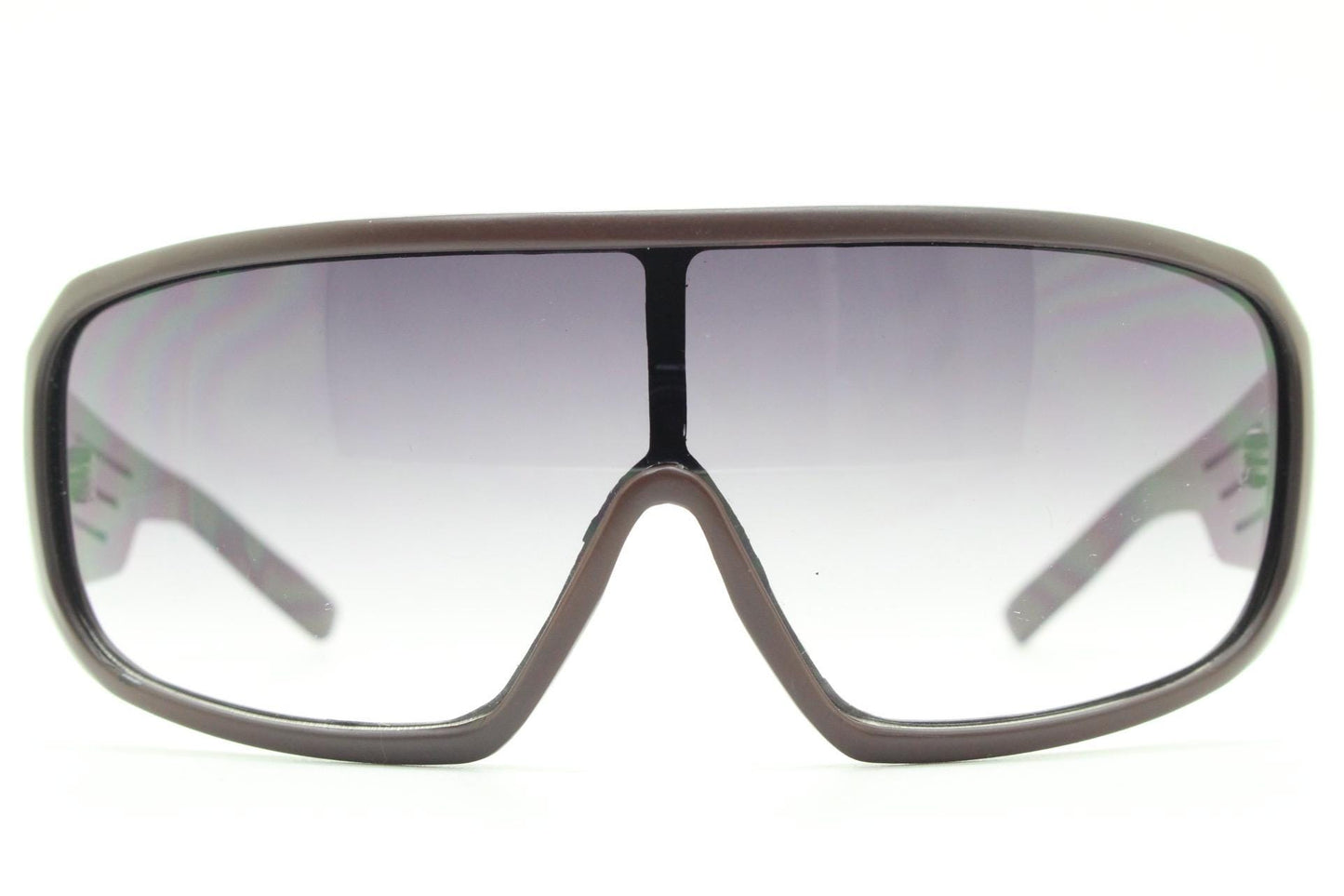 Y2K vintage big square aviator sunglasses. Aerodynamic matt brown frame in car racing monolens design. Curved wrap around shield. 2000s NOS