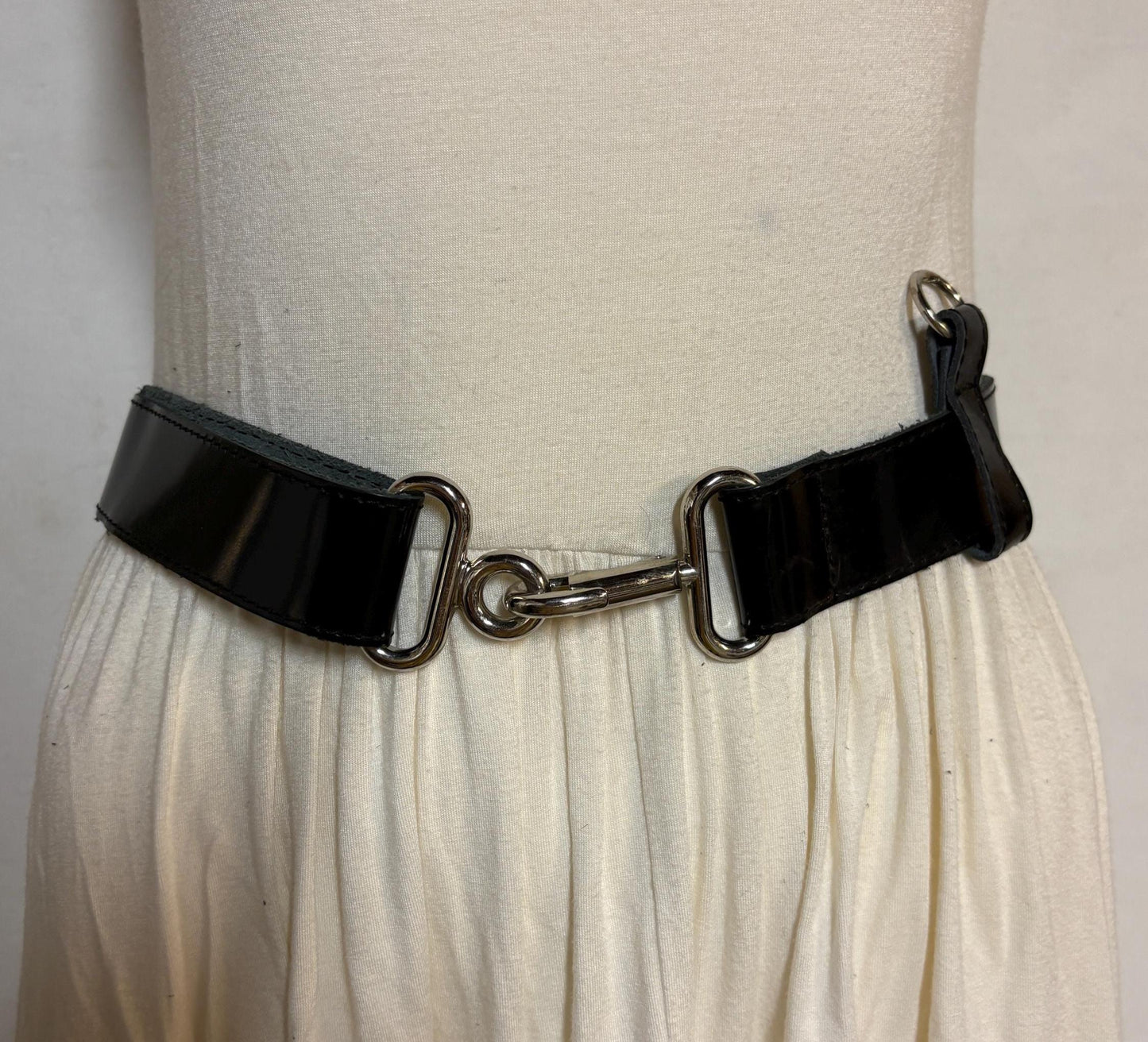 90s vintage womens shiny fetish army style belt made in Italy. Black patent leather with shoulder  strap attachments. Kinky costume. NOS