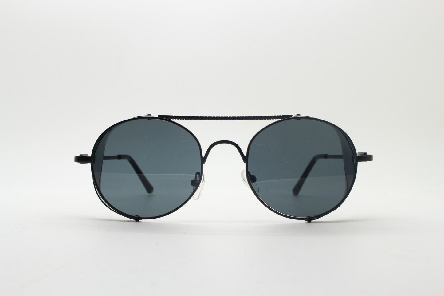 90s vintage round goggle sunglasses. All metal black satin frame with folding side blinkers. Spoilers. Steampunk. Cosplay. NOS