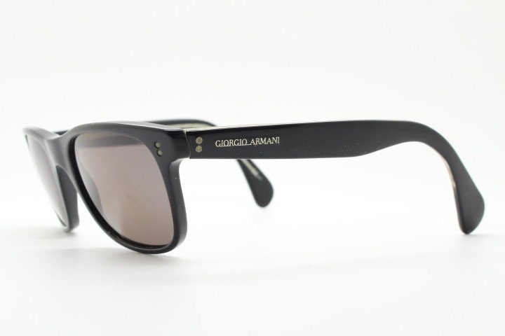 Giorgio Armani 90s vintage wayfarer design sunglasses made in Italy. All time classic in high grade plain black gloss acetate