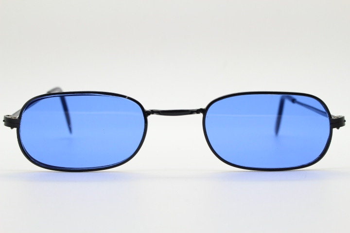 90s vintage minimal metal rectangular sunglasses. Small black frame with striking cobalt blue luxury real glass lenses. NOS