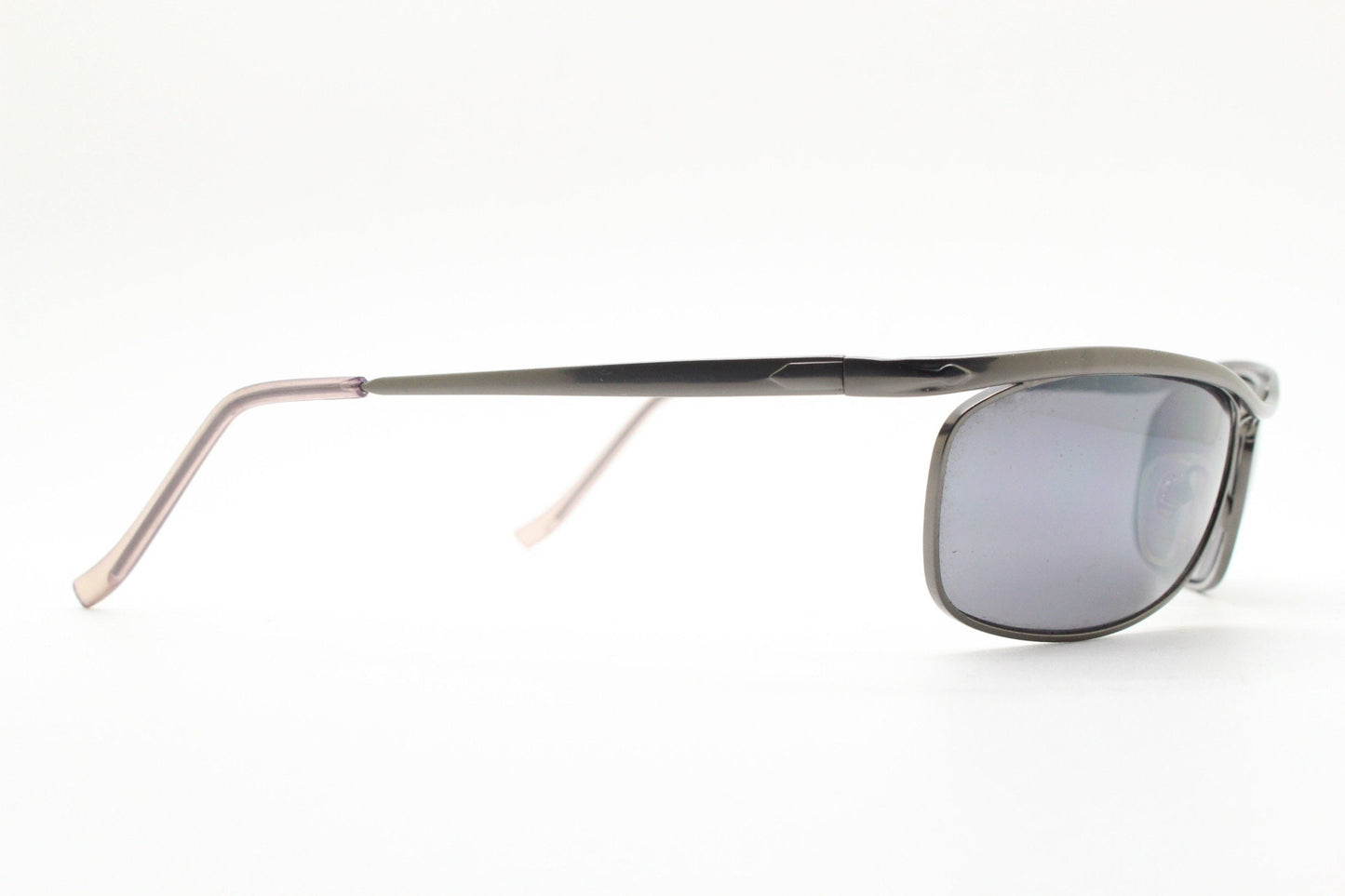 Y2K vintage curved oval sunglasses. Minimal grey chrome metal aerodynamic sport shaped frame. 2000's. 00's NOS
