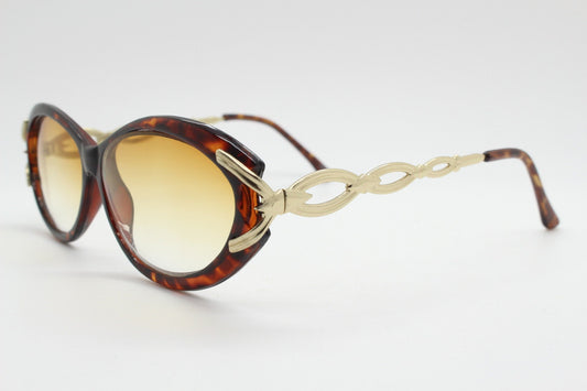 90s vintage oval cateye sunglasses. Womens honey tortoise frame with dynamic metal chain link arms and extra light tone lenses. Unused NOS