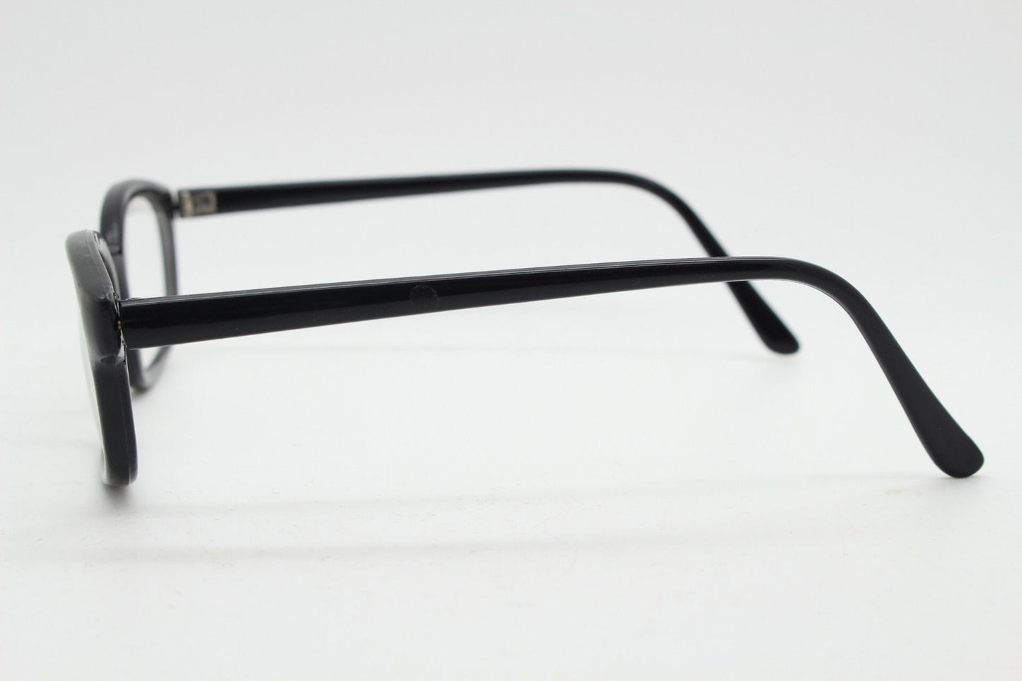 80s vintage low profile wayfarer style glasses. Black acetate optical frames with clear lenses. Prescription eyeglasses. RX Spectacles. NOS