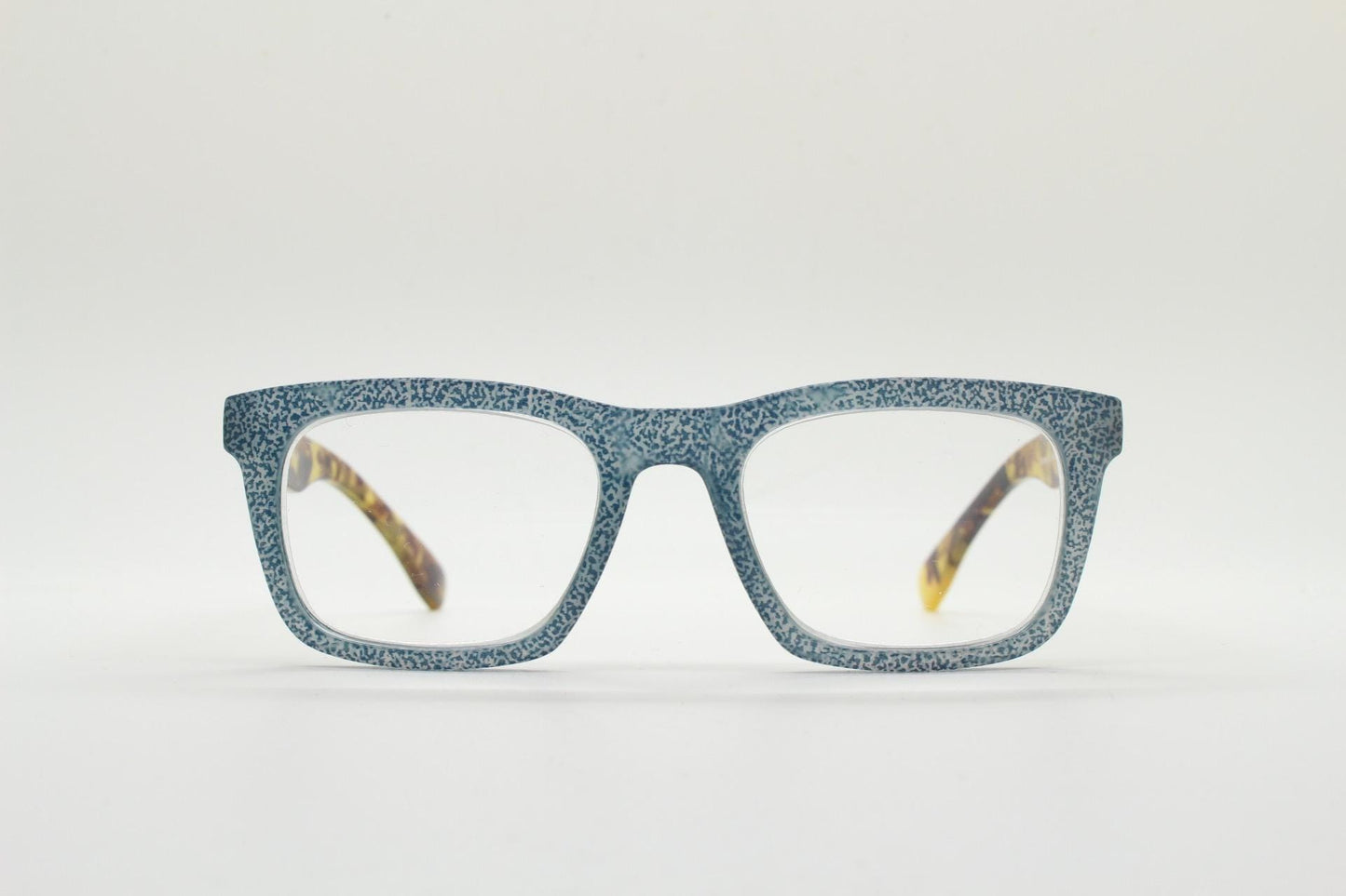 Rectangular Y2K horn rim eye glasses. Contrasting tortoise arms and speckled blue denim look optical frames. Prescription vintage spectacles