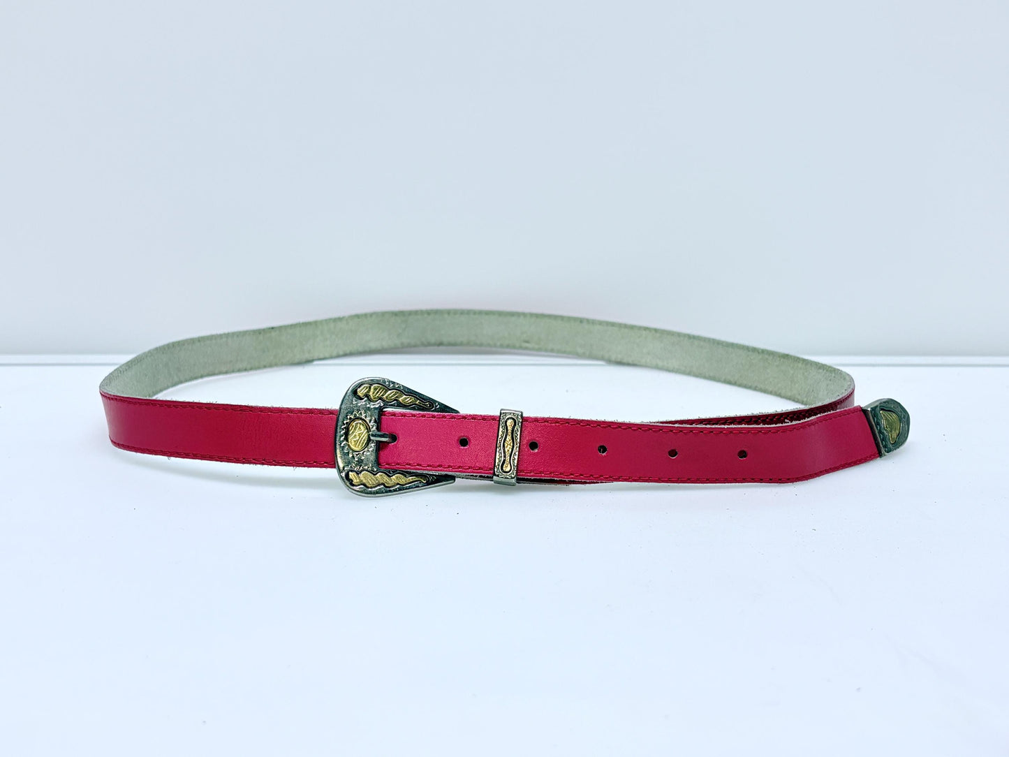 80s vintage womens pink genuine leather 1" country and western belt with fancy steel and brass buckle. For jeans or dress. Cowgirl. NOS