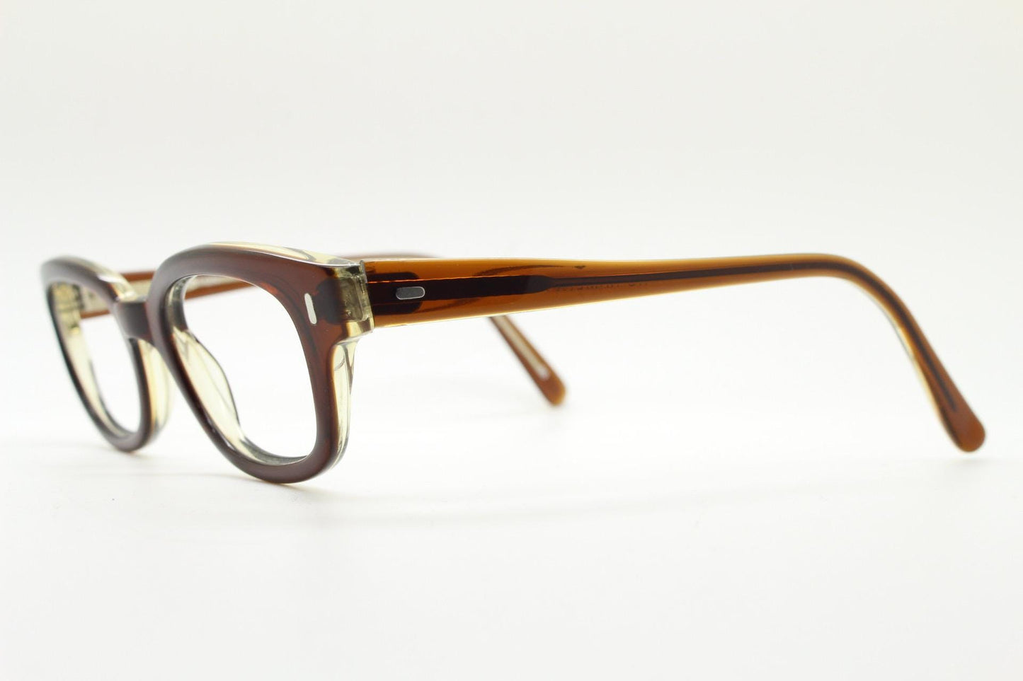 No Name eyewear rectangular low profile eye glasses. Quality brown gloss acetate optical frames. Prescription vintage RX spectacles