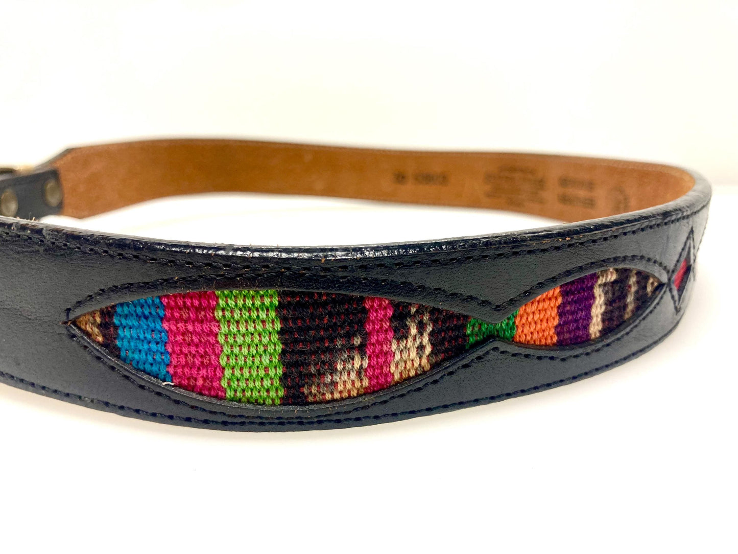 Leegin 80s vintage Silver Creek Collection Native American belt. Leather cutout overlay on tapestry backing. Changeable buckle. USA made NOS