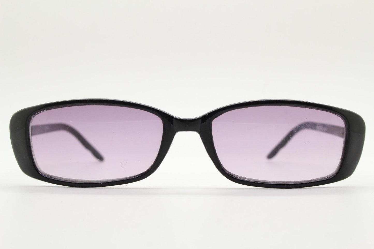 90s vintage rectangular sunglasses. Slim low profile black gloss frame with light tone  purple lenses. Y2K 2000s. BNWT Unused NOS