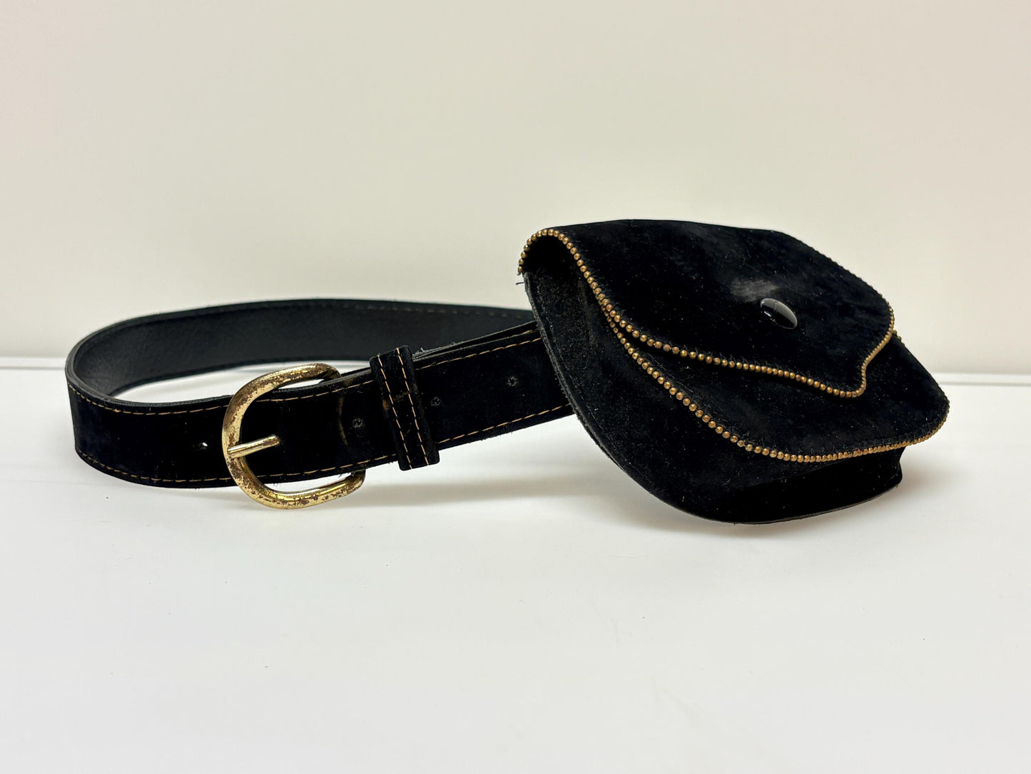 80s vintage womens black velvet dress or jeans / trousers with handy detachable fanny pack pouch with brass trim. Bum bag