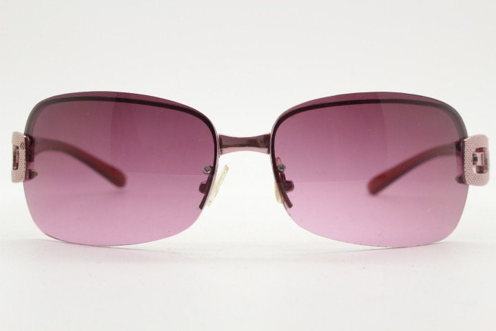 Y2K vintage rectangular purple sunglasses. Half frame 2000's wrap around with lethal mulberry curved lenses, gold trim and temple crests