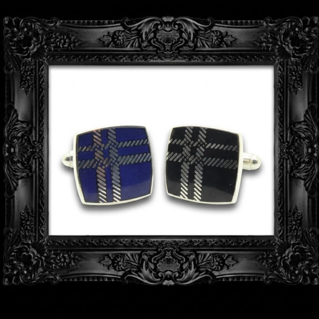 Burberry vintage square cuff links made in England with signature house check. Solid metal with blue on one side, black on the other. NOS