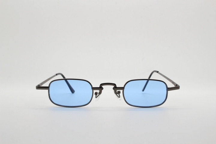 90s vintage small rectangular sunglasses. Imposing minimal gunmetal grey victorian style frame with sky blue lenses. Steampunk. Unused NOS