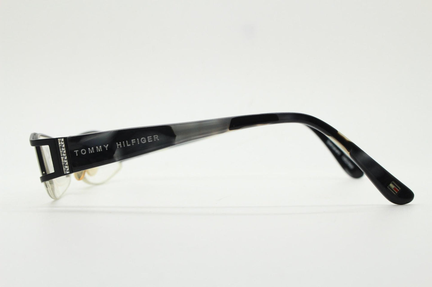 Tommy Hilfiger vintage eye glasses. Black and white marbled acetate optical frame with diamante. Prescription eyeglasses. RX spectacles. 90s