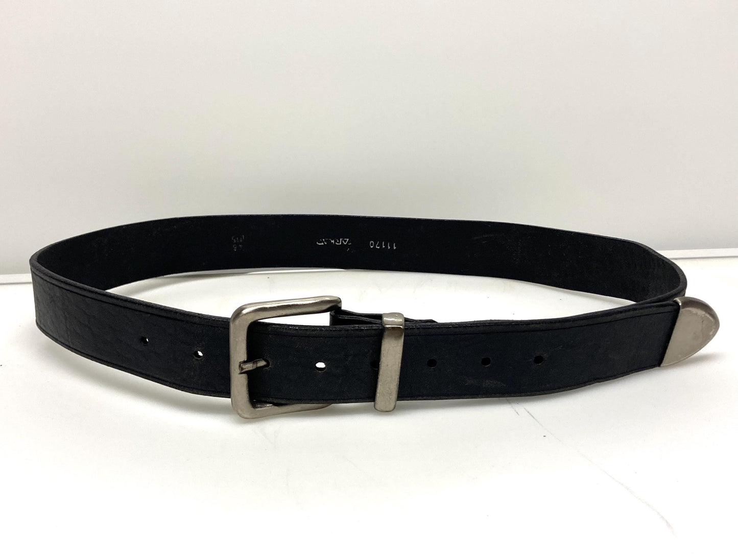80s vintage plain black heavy duty genuine leather belt. Thick cowhide with substantial silver metal buckle. For trousers and jeans. Mens