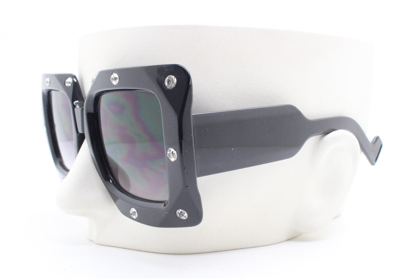 Y2K vintage oversized square diamante sunglasses. Blockbuster women's thick black frame with big rhinestones and smoky lenses. 2000s. BNWT