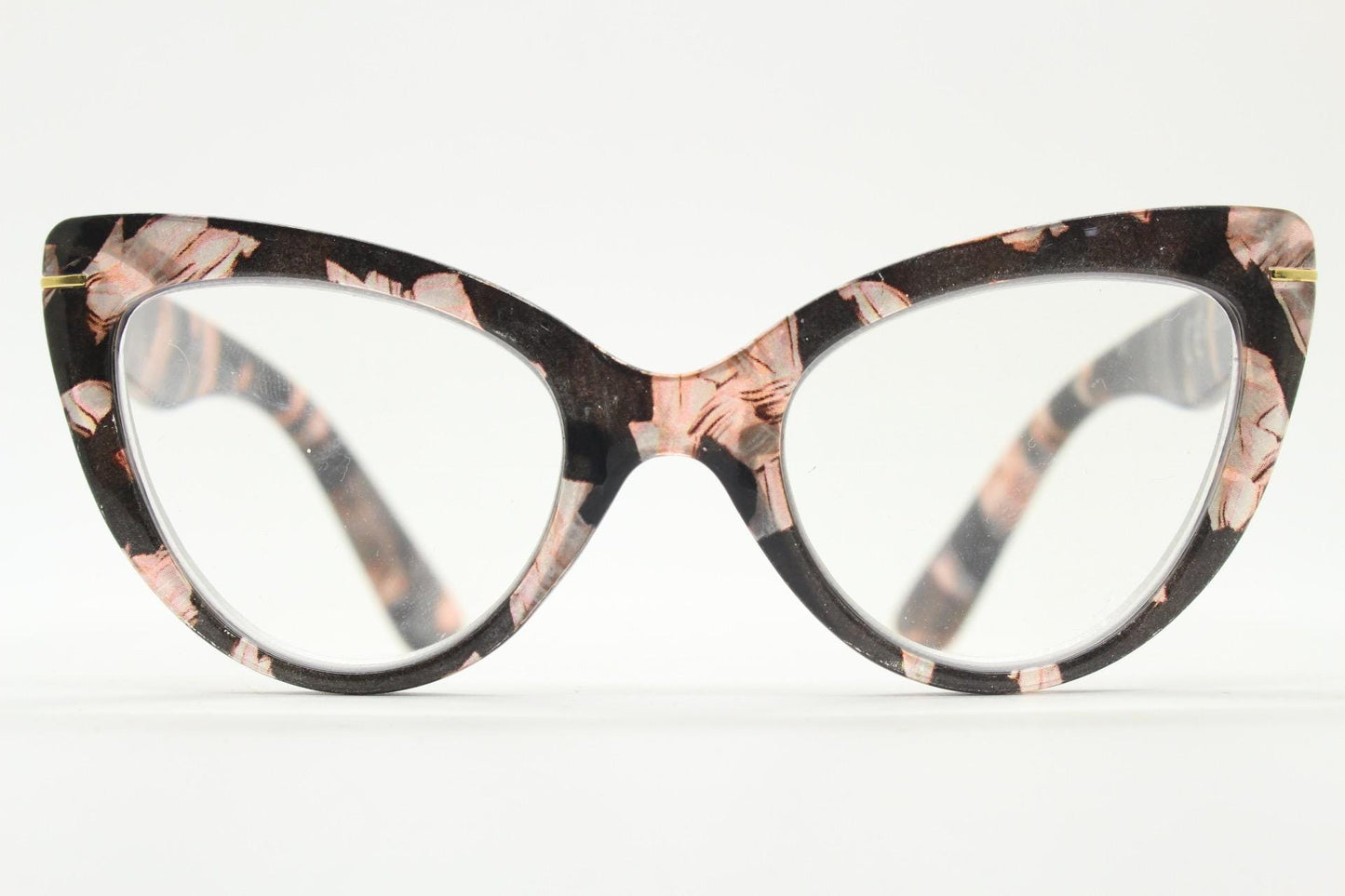 Dynamic pointed cat eye glasses. Transparent chunky cateye optical frame with pink and grey abstract pattern. Vintage Prescription RX